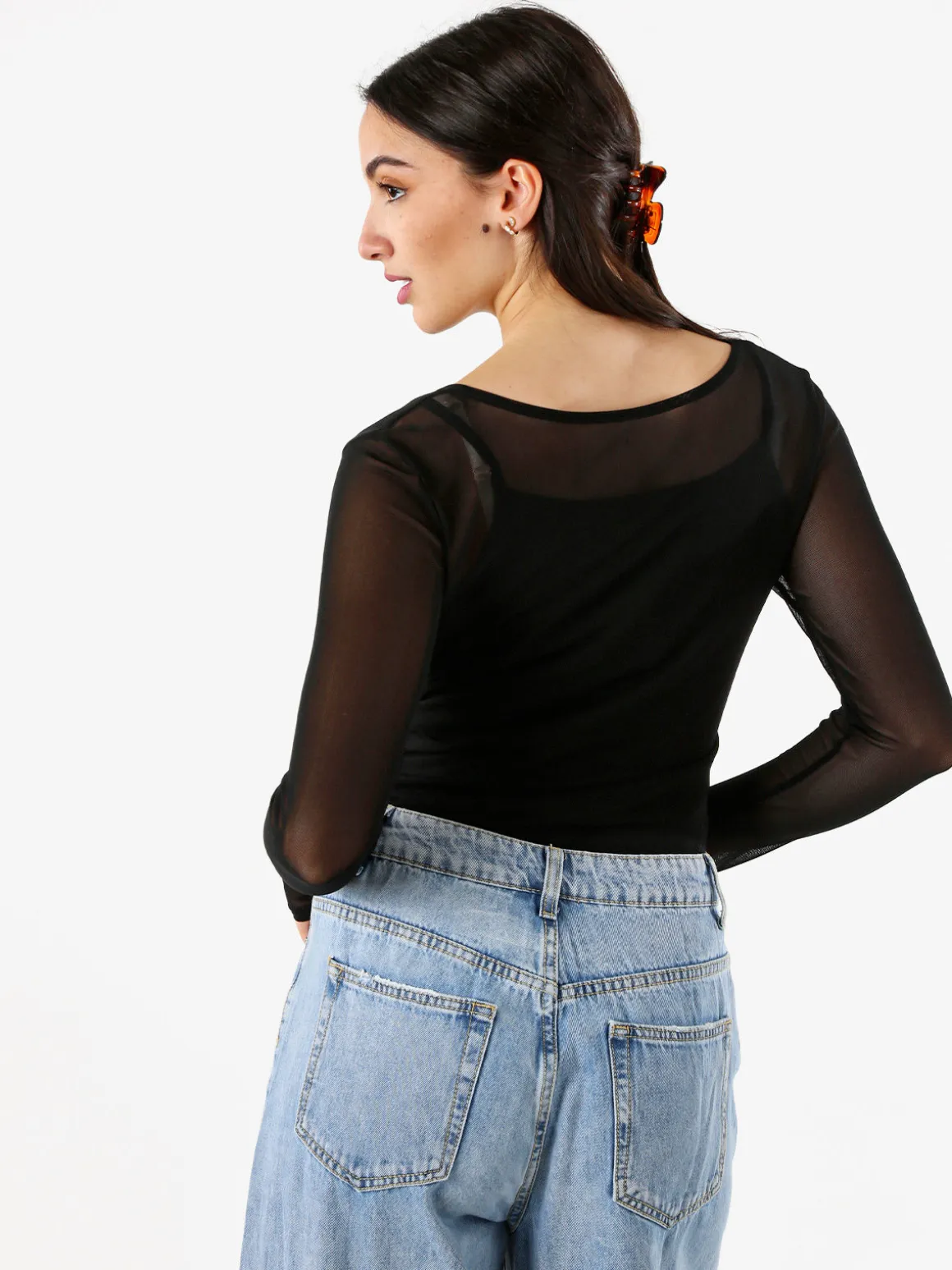 Solada Top body da donna a maniche lunghe in tulle - nero