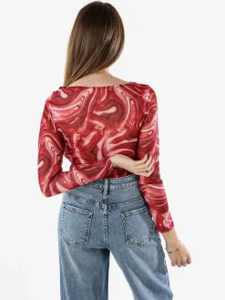 Solada Top body donna a maniche lunghe con scollo a cascata - rosso