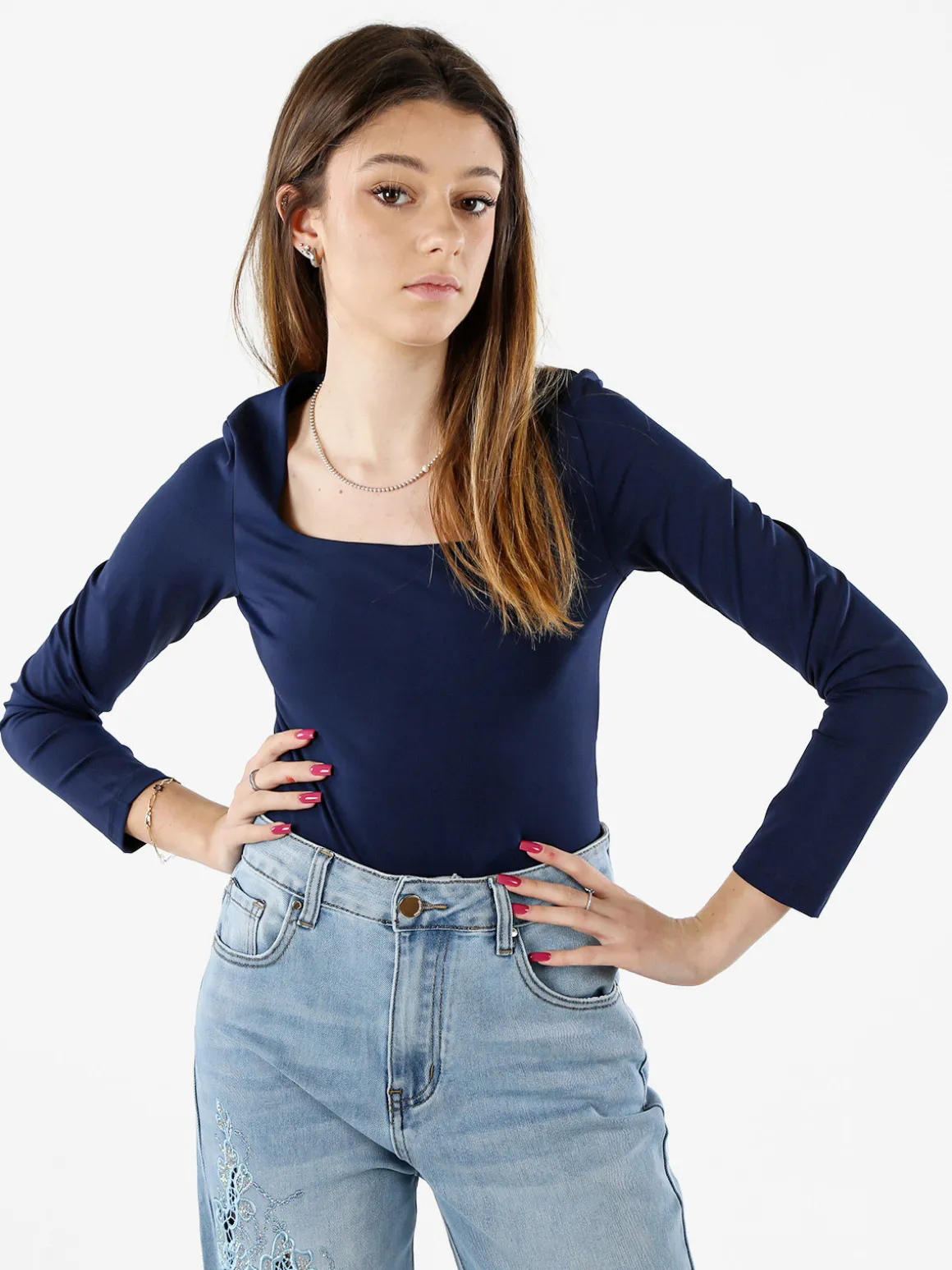 Solada Top body donna a maniche lunghe con scollo quadrato - blu scuro