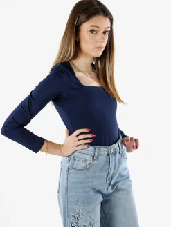 Solada Top body donna a maniche lunghe con scollo quadrato - blu scuro