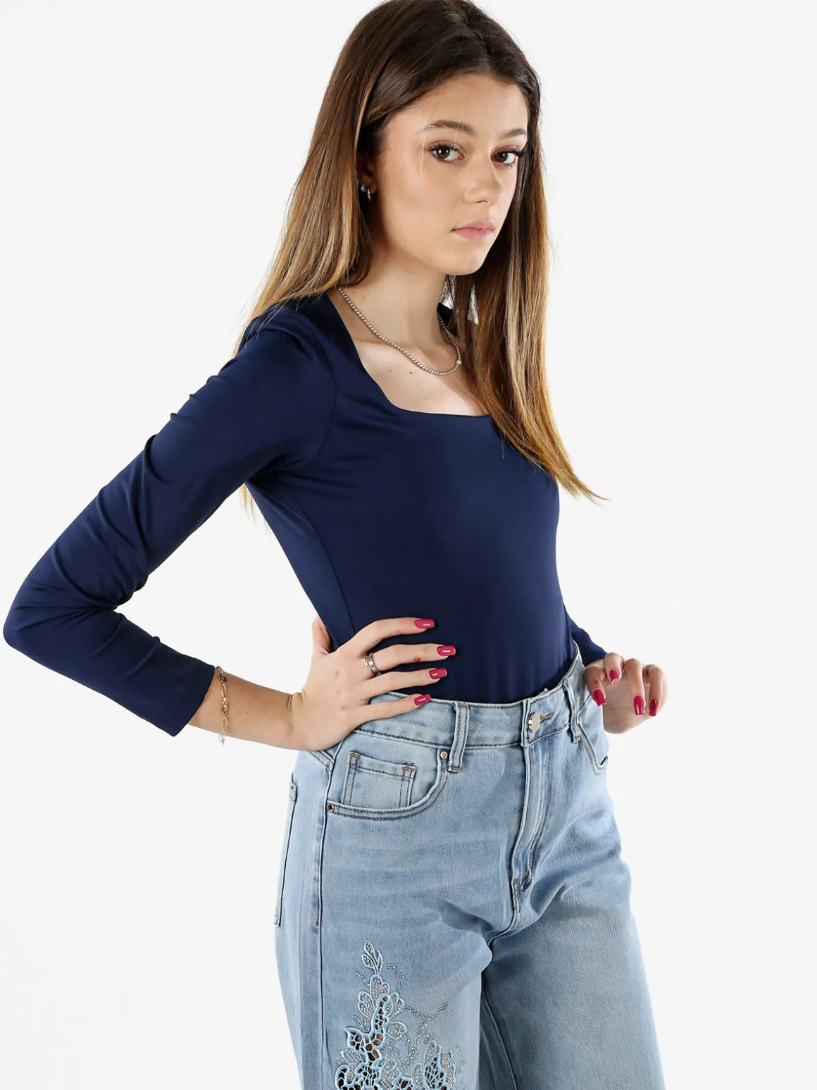 Solada Top body donna a maniche lunghe con scollo quadrato - blu scuro