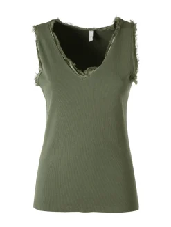 Solada Top donna a costine con scollo a V e bordi sfrangiati - militare