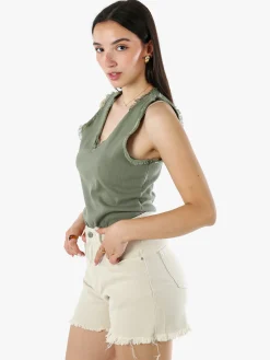 Solada Top donna a costine con scollo a V e bordi sfrangiati - militare