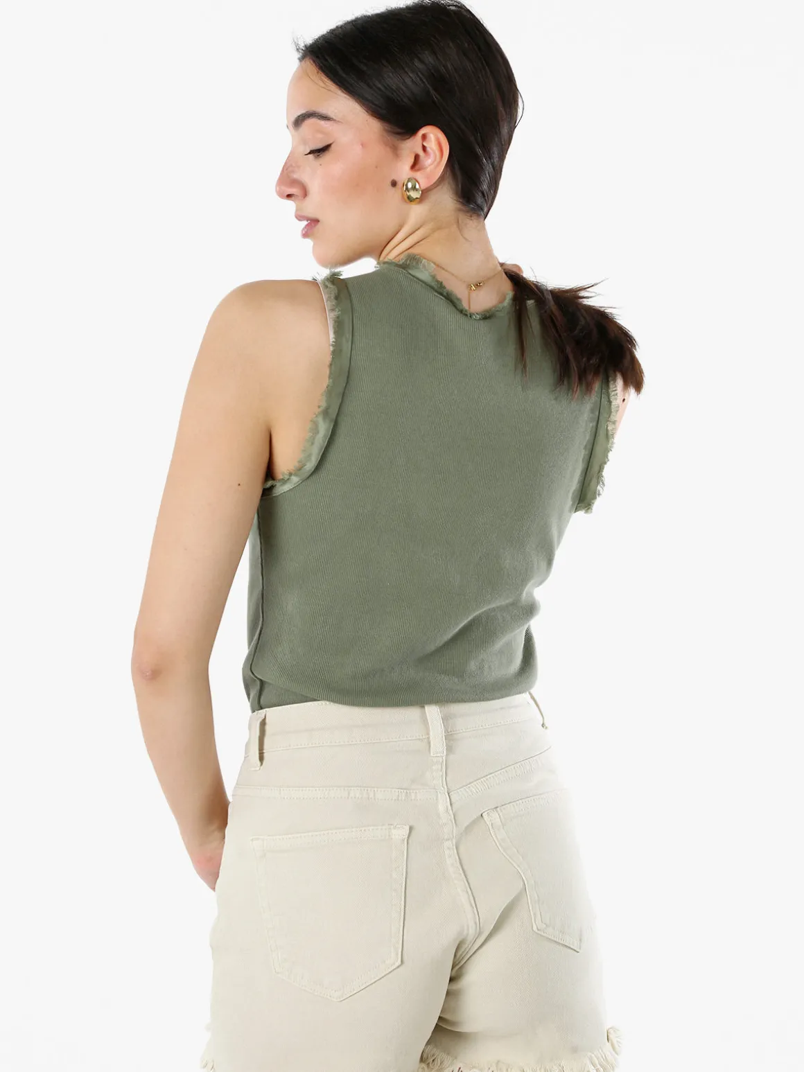 Solada Top donna a costine con scollo a V e bordi sfrangiati - militare