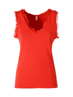 Solada Top donna a costine con scollo a V e bordi sfrangiati - rosso