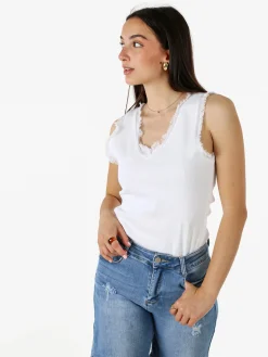 Solada Top donna a costine con scollo a V e bordi sfrangiati - bianco
