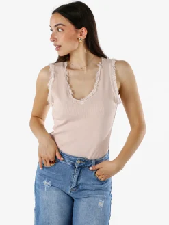 Solada Top donna a costine con scollo a V e bordi sfrangiati - rosa