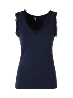 Solada Top donna a costine con scollo a V e bordi sfrangiati - blu scuro