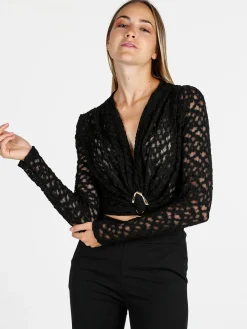 Solada Top donna a maniche lunghe in pizzo con dettaglio dorato - nero