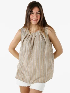 Solada Top donna a righe verticali con scollo tondo - khaki