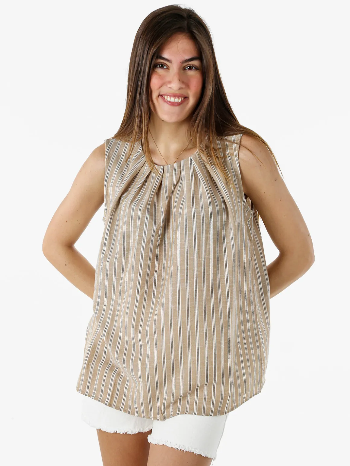 Solada Top donna a righe verticali con scollo tondo - khaki