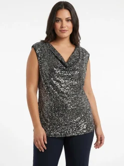 Solada Top donna con paillettes e scollo a cascata linea curvy - argento
