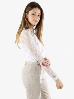Solada Top donna con scollo e maniche lunghe in pizzo - bianco