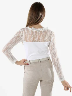 Solada Top donna con scollo e maniche lunghe in pizzo - bianco