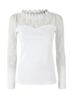 Solada Top donna con scollo e maniche lunghe in pizzo - bianco