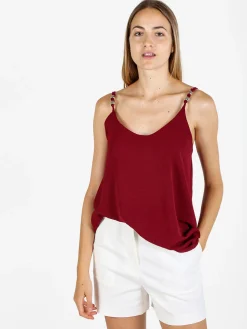 Solada Top donna con spalline sottili e perline dorate - bordeaux