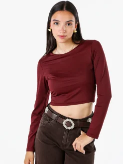 Solada Top donna cropped a maniche lunghe con scollo tondo - bordeaux