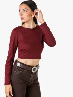 Solada Top donna cropped a maniche lunghe con scollo tondo - bordeaux