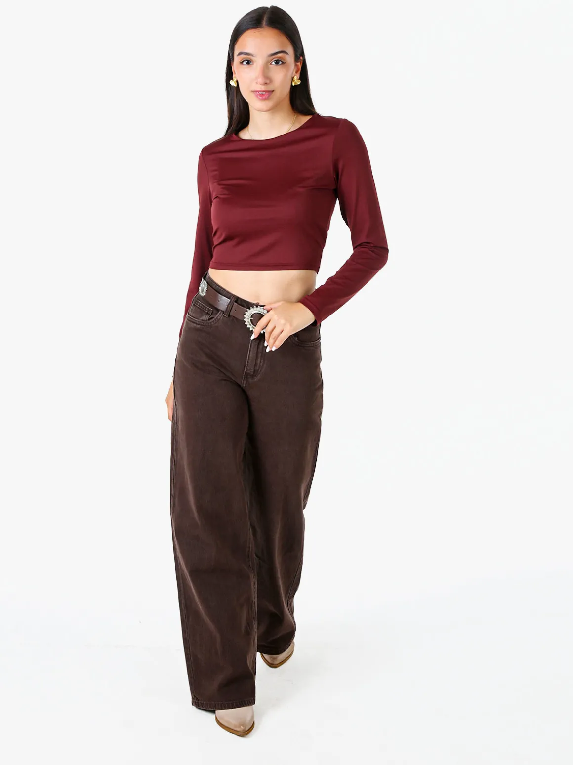 Solada Top donna cropped a maniche lunghe con scollo tondo - bordeaux