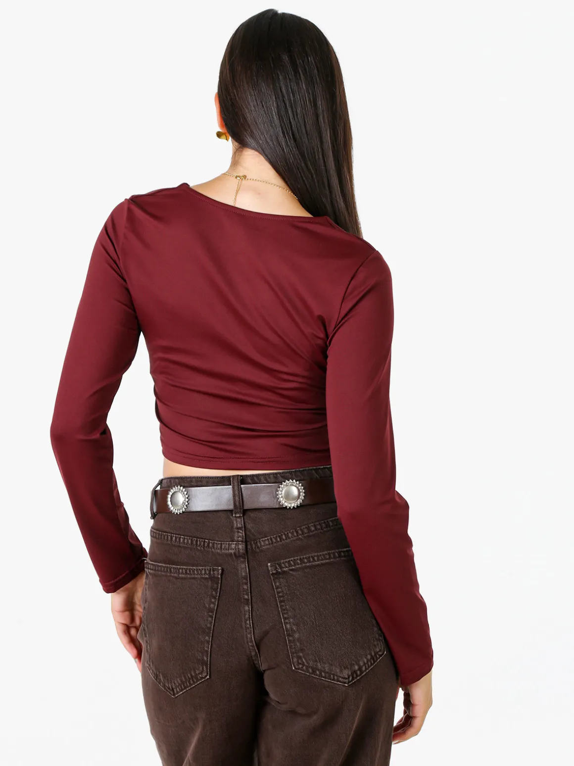 Solada Top donna cropped a maniche lunghe con scollo tondo - bordeaux