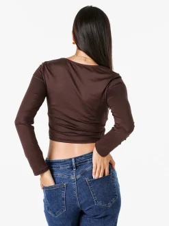 Solada Top donna cropped a maniche lunghe con scollo tondo - moro