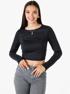 Solada Top donna cropped a maniche lunghe con scollo tondo - nero