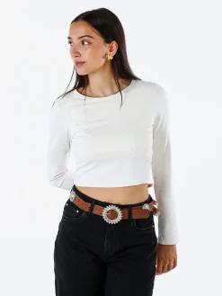 Solada Top donna cropped a maniche lunghe con scollo tondo - bianco