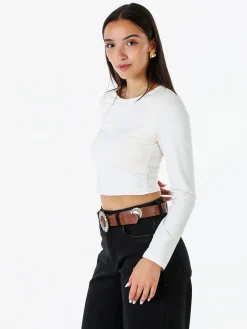 Solada Top donna cropped a maniche lunghe con scollo tondo - bianco