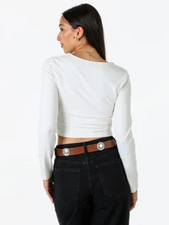 Solada Top donna cropped a maniche lunghe con scollo tondo - bianco