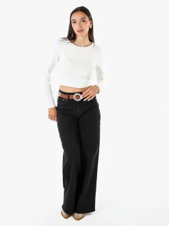 Solada Top donna cropped a maniche lunghe con scollo tondo - bianco