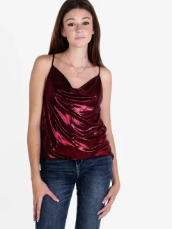 Solada Top donna effetto metallico con scollo a cascata