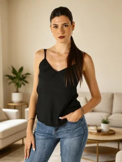 Solada Top donna effetto raso con scollo a V davanti e dietro - nero
