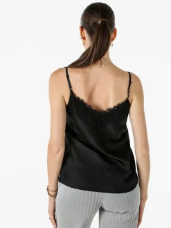 Solada Top donna effetto raso con spalline sottili e dettaglio in pizzo - nero