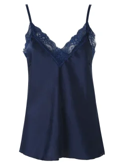 Solada Top donna effetto raso con scollo in pizzo e spalline strette - blu scuro