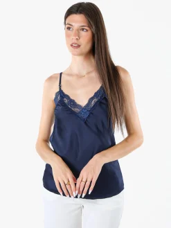 Solada Top donna effetto raso con scollo in pizzo e spalline strette - blu scuro