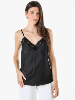Solada Top donna effetto raso con scollo in pizzo e spalline strette - nero