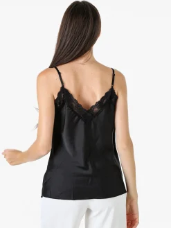 Solada Top donna effetto raso con scollo in pizzo e spalline strette - nero