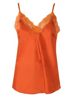 Solada Top donna effetto raso con scollo in pizzo e spalline strette - cuoio
