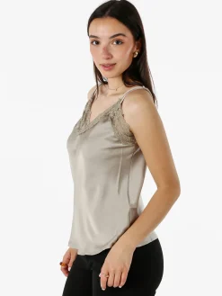 Solada Top donna effetto raso con scollo in pizzo e spalline strette - grigio
