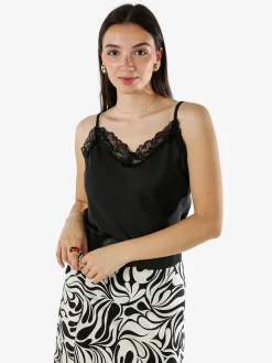 Solada Top donna effetto raso con scollo in pizzo e spalline strette - nero