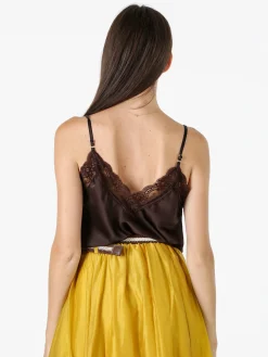 Solada Top donna effetto raso con scollo in pizzo e spalline strette - moro