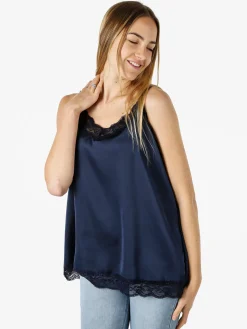 Solada Top donna effetto raso con pizzo - blu scuro