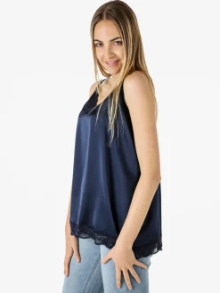 Solada Top donna effetto raso con pizzo - blu scuro