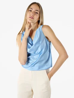 Solada Top donna effetto raso con scollo a cascata - azzurro
