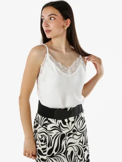 Solada Top donna effetto raso con scollo in pizzo e spalline strette - bianco