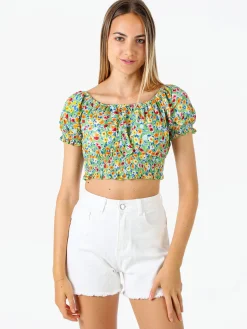 Solada Top donna floreale a maniche corte con scollo elasticizzato - verde