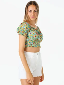 Solada Top donna floreale a maniche corte con scollo elasticizzato - verde