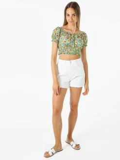 Solada Top donna floreale a maniche corte con scollo elasticizzato - verde