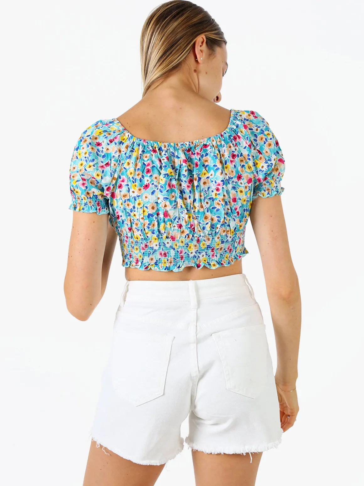 Solada Top donna floreale a maniche corte con scollo elasticizzato - blu