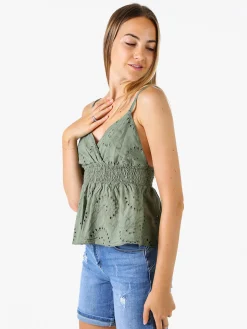 Solada Top donna in cotone con dettagli macramè con spalline sottili - militare